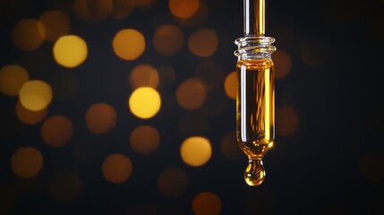 A dropper holds a golden oil above blurred bokeh lights, creating a striking contrast against a dark background.