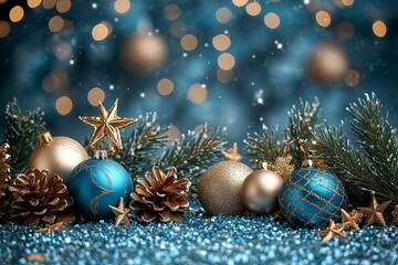 Christmas background with blue and gold decorations, stars, and pine branches on a blue backdrop