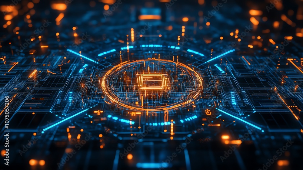 Fototapete Abstract futuristic technology background with glowing lines and a central processor.