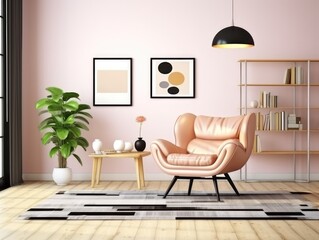 Framed poster mockup hanging in modern living room, bright natural light 