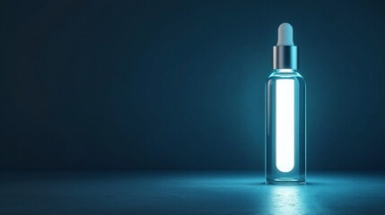 A glowing glass dropper bottle stands against a dark background, emitting a soft blue light, highlighting its sleek design and modern aesthetic.