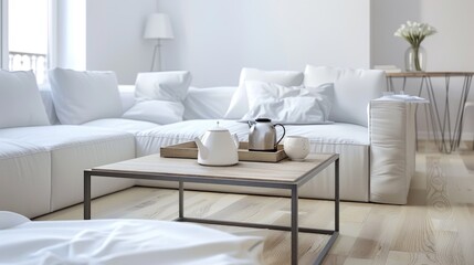 Square metal tea table on living room, white and wood colors, space to relax