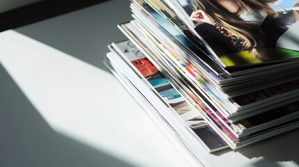 Stack of magazines in natural light, shadow play.
