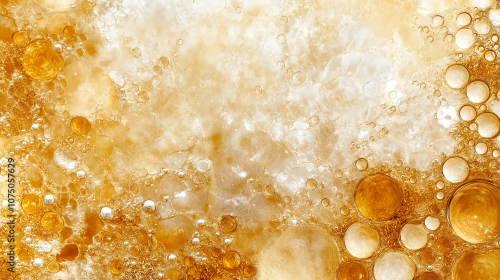 Poster golden bubbles abstract: close-up of shimmering, golden bubbles in a liquid, creating a mesmerizing 