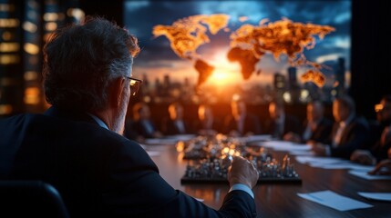 A business executive is deeply engaged in strategy with a world map projected, reflecting global strategy and leadership during a high-level corporate meeting.