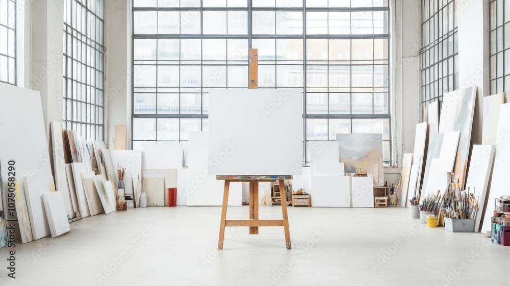 Aufkleber a spacious art studio with an empty canvas on an easel.