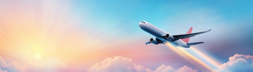 Airplane soaring through vibrant clouds during sunset.