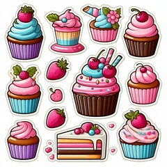 Cupcakes clip art stickers on white isolated background