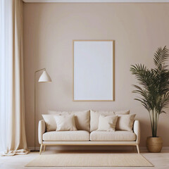 Mock up frame in home interior background, beige room with minimal decor, 3d render.