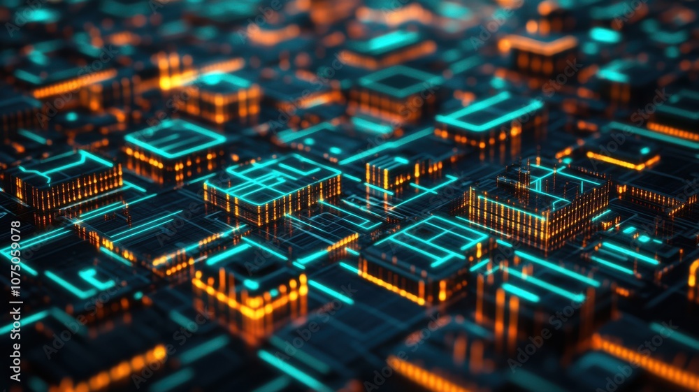 Poster abstract representation of a futuristic digital circuit design.
