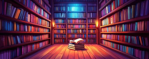 A vibrant library filled with colorful books and warm lighting.