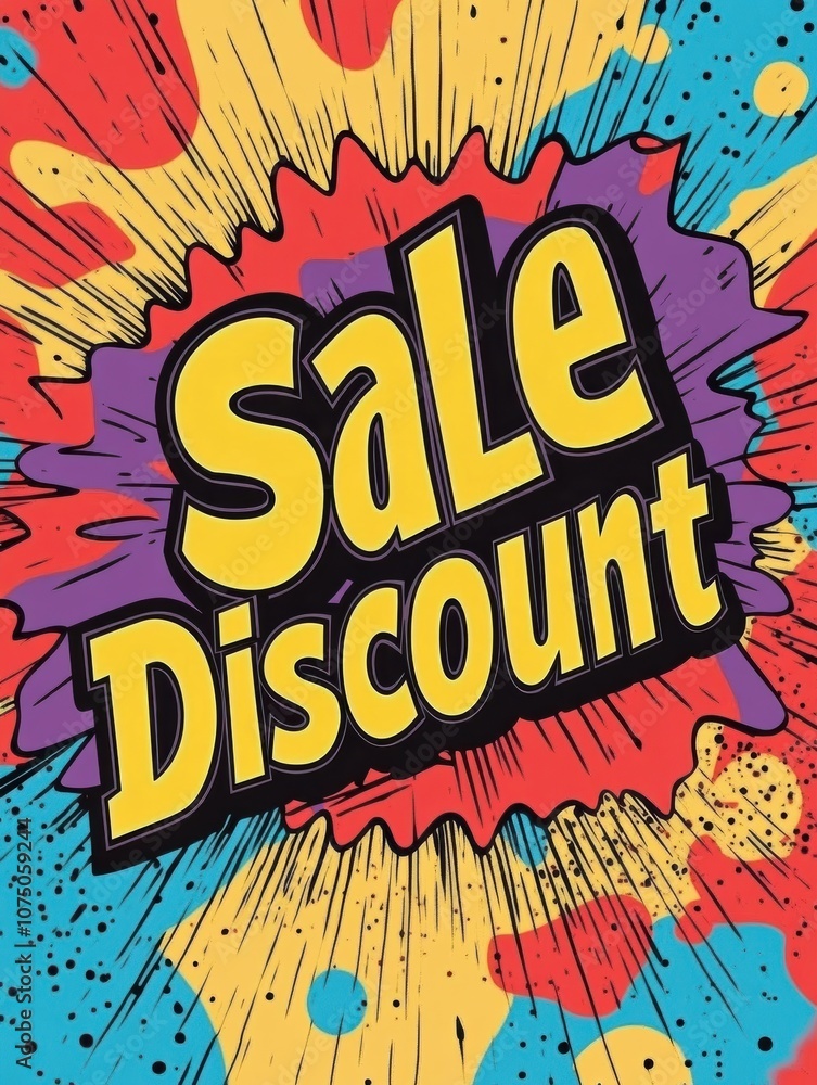 Aufkleber Brightly colored bursts create a dynamic backdrop with large text promoting sale and discount offers in pop-art style. Generative AI