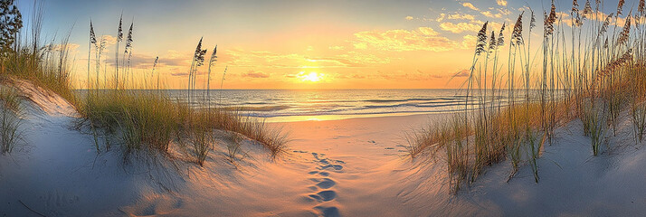 A panoramic view of the beach at sunset, with tall grasses and dunes on one side leading to an ocean