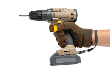 Gloved hand holds cordless drill on white background. Concept of professionalism and repair.