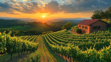 Fototapeta premium Serene vineyard landscape at sunset with a rustic house.