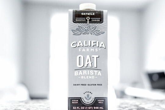 Avon, USA - July 20, 2022: Closeup of Califia farms brand product of barista oat milk dairy free blend