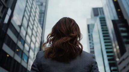 A woman with long brown hair stands in front of a tall building