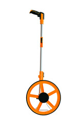 Distance measuring wheel device. Measuring wheel tool for calculating distance isolated on white...