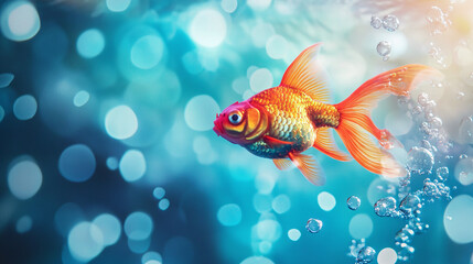 Fototapeta premium A vibrant goldfish statue swimming through water, with bubbles, against a bright blue background