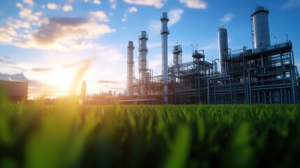 A large industrial plant with a large green field in the background