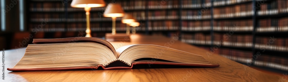 Aufkleber an open book on a wooden table in a serene library setting.