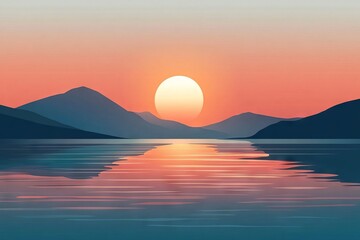 Naklejka premium Serene sunset over the sea with mountains, a minimalist flat vector illustration. AI generated illustration