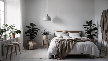 Bright daylight fills a cozy bedroom featuring a wooden bed adorned with soft linens. Two leafy plants add life to the room, while neutral tones enhance the tranquil ambiance