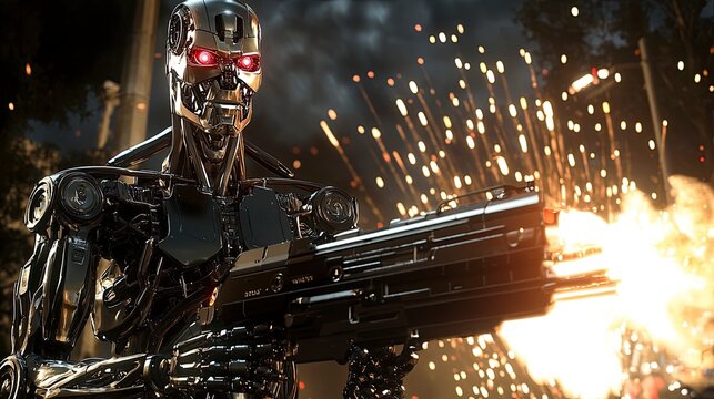 Battle-ready Terminator Robot with Weapon Amidst Sparks and Explosions