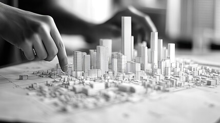 A Hand Interacting with a Model of a City Skyline