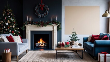 A beautifully decorated living room features a Christmas tree, a cozy fireplace with candles, and festive decorations. The inviting space is perfect for holiday gatherings and relaxation