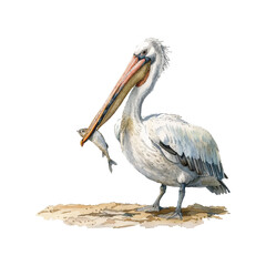 pelican catching fish vector illustration in watercolor style