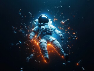Fototapeta premium An astronaut floats in space amidst a burst of cosmic energy.
