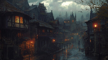 Fototapeta premium An ancient cityscape at dusk, illuminated by early forms of street lighting using oil lamps