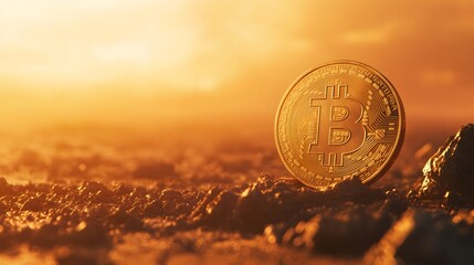 Bitcoin at Sunset: A Golden Coin Emerges from the Earth