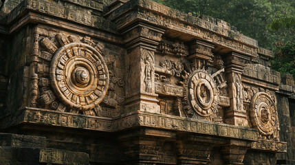 .An ancient stone structure adorned with intricate carvings depicting early mechanical devices and inventions