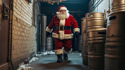 A man dressed as Santa Claus walking down a hallway next to kegs of beer