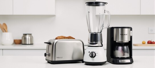 Illustration depicting assorted kitchen appliances toaster blender and coffee maker within a contemporary kitchen setting
