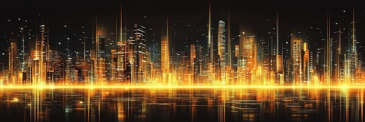 Fototapeta premium Background Featuring a Dramatic Cityscape with Glowing Buildings Against a Black Background. The Yellow and Gold Elements Illuminate the Scene with Soft Light, Creating a Unique Visual Experience. Thi