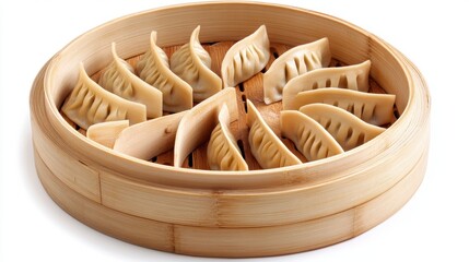 A bamboo steamer filled with perfectly arranged dumplings ready for serving.