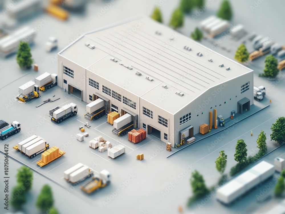 Aufkleber A miniature model of a warehouse with trucks loading and unloading cargo.