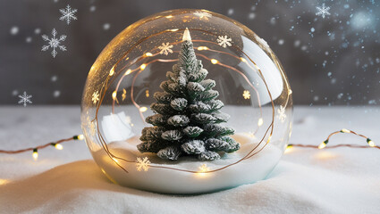 Christmas tree in glass ball on snow. Glitter lights