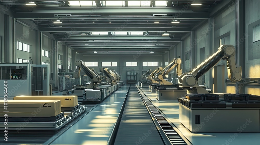 Poster automated assembly line with robotic arms in a modern factory