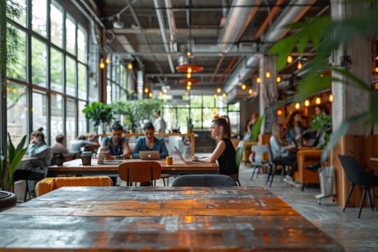 Customers relax and work in a well-lit cafe filled with plants and wooden tables. The vibrant atmosphere buzzes with conversations and productivity as natural light streams through large windows