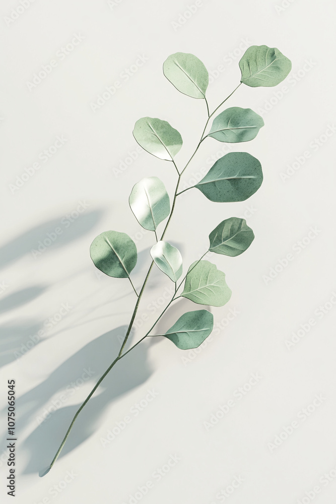 Poster a single branch of eucalyptus leaves casts a shadow on a white background