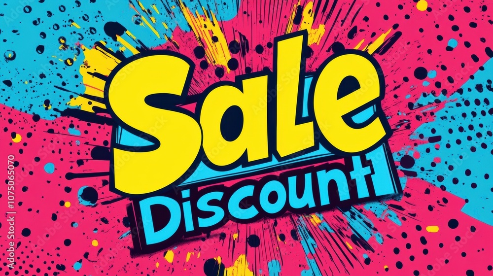 Poster a vibrant pop-art display showcases bold text announcing sales and discounts in an eye-catching, col