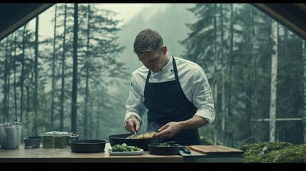 Chef Preparing Gourmet Meal in Tranquil Forest Setting for Culinary Inspiration. Generative ai