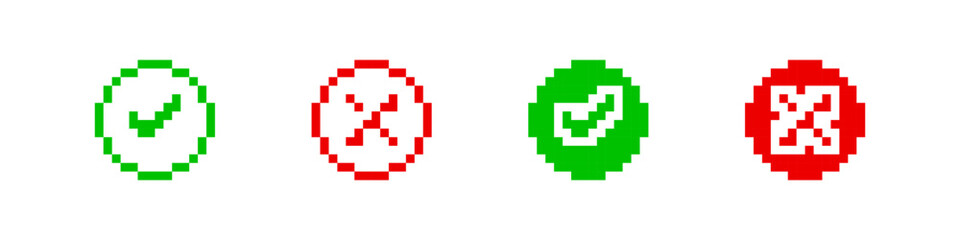 Pixel style checkmark and cross icons. Retro-inspired approval and rejection symbols