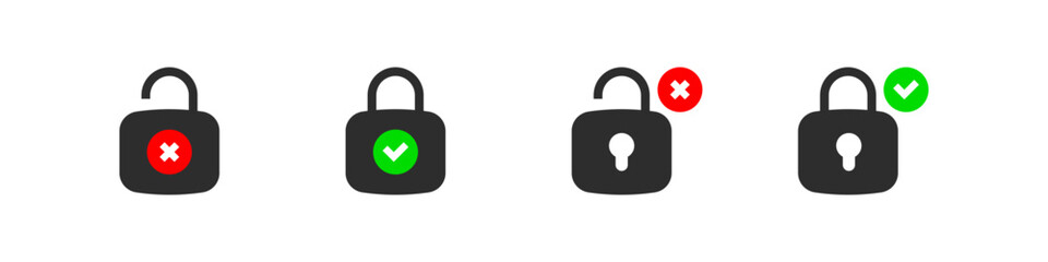 Padlock with checkmark and cross icons. Open and closed padlocks indicating secure and unsecure