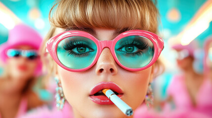 Naklejka premium A fashionable woman with pink glasses and glamorous makeup smokes a cigarette, exuding confidence and style in a vibrant, modern artistic setting.