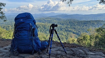 Backpack and Camera on a Mountaintop